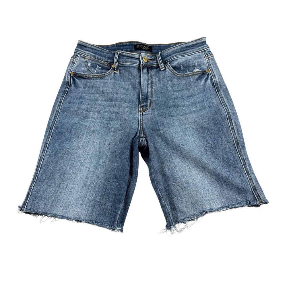 Judy Blue Womens 9/29 Dad Jean Shorts Blue Distressed Raw Hem Denim Stretch